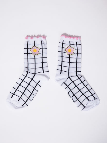 Grid Socks with Flowers and Frill Top