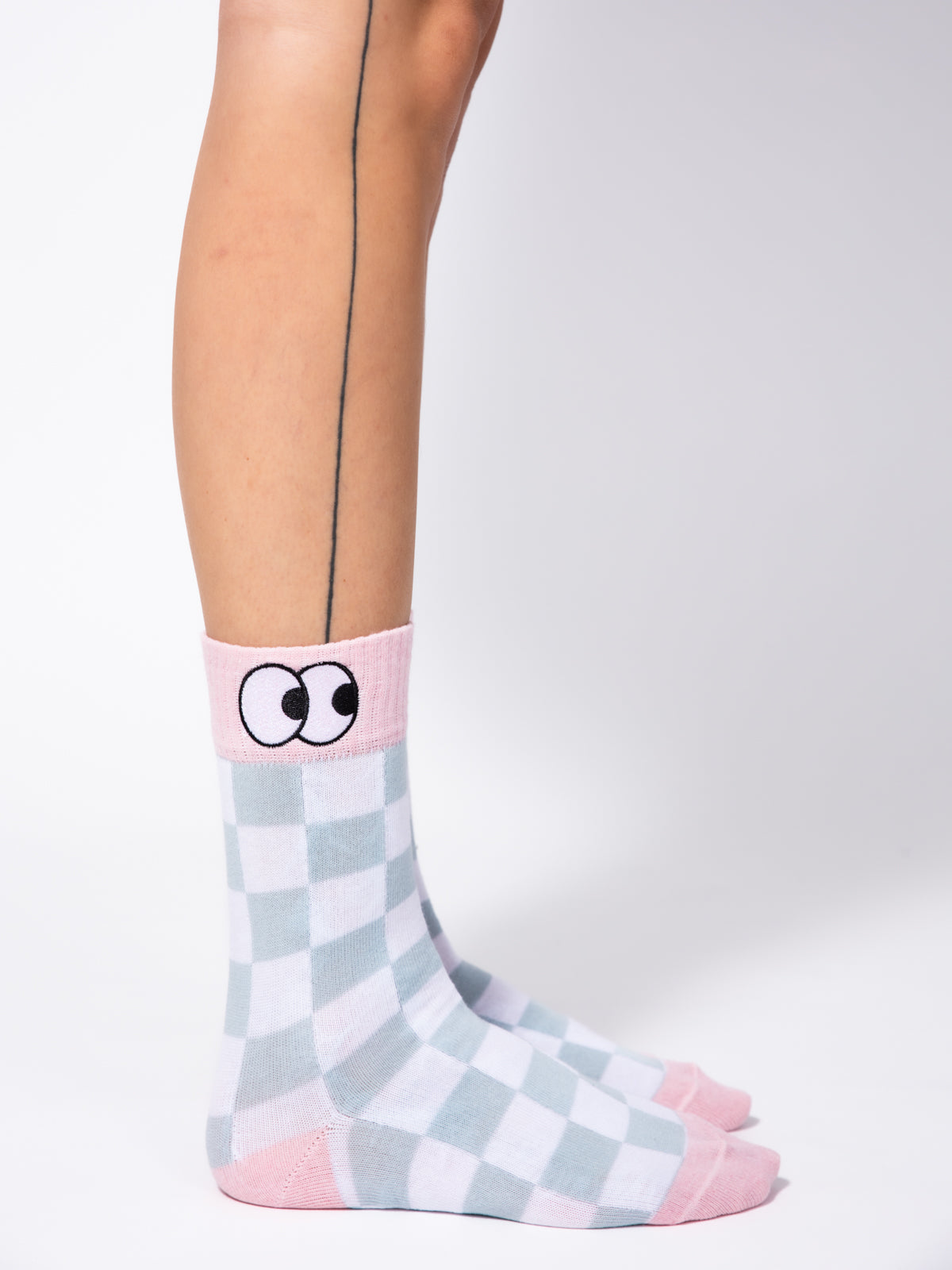 Checked Socks with Embroidered Eyelids