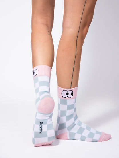 Checked Socks with Embroidered Eyelids