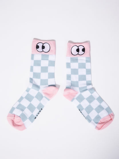 Checked Socks with Embroidered Eyelids